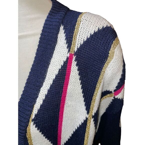 Concepts Button Down Geometric Multi Color Long Sleeve Navy Blue& White Cardigan - Picture 4 of 10